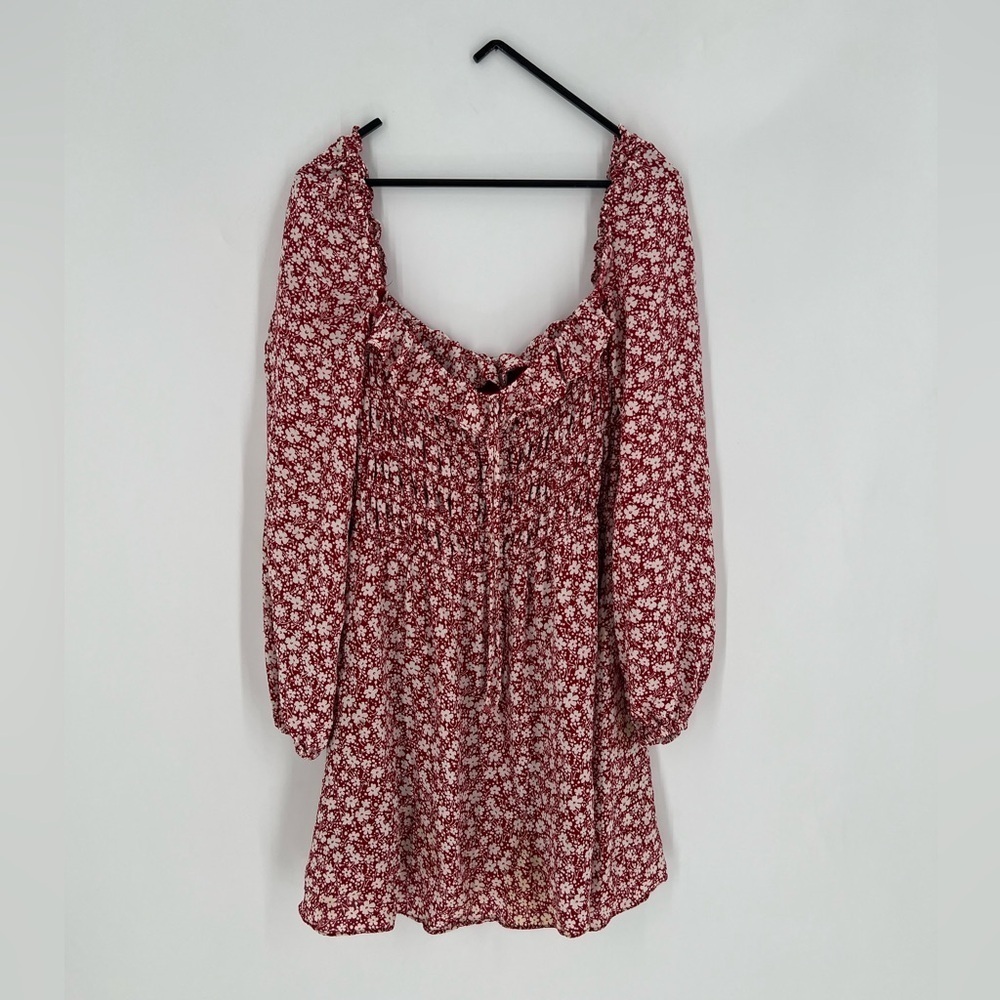 Reformation Morris Smocked Long Sleeve Mini Dress In Amaro Red Ditsy Floral